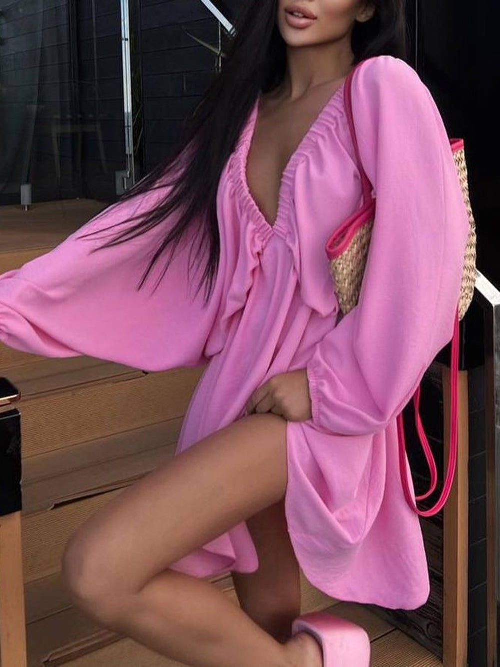 Deep V Neck Lantern Sleeve Pleated Waist Belted Mini Dress