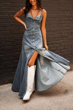 Denim Spaghetti Strap Button Front Pocket High Split Maxi Dress
