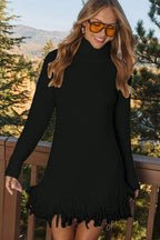 Turtleneck Fuzzy Knit Fringe Hem Long Sleeve Mini Dress