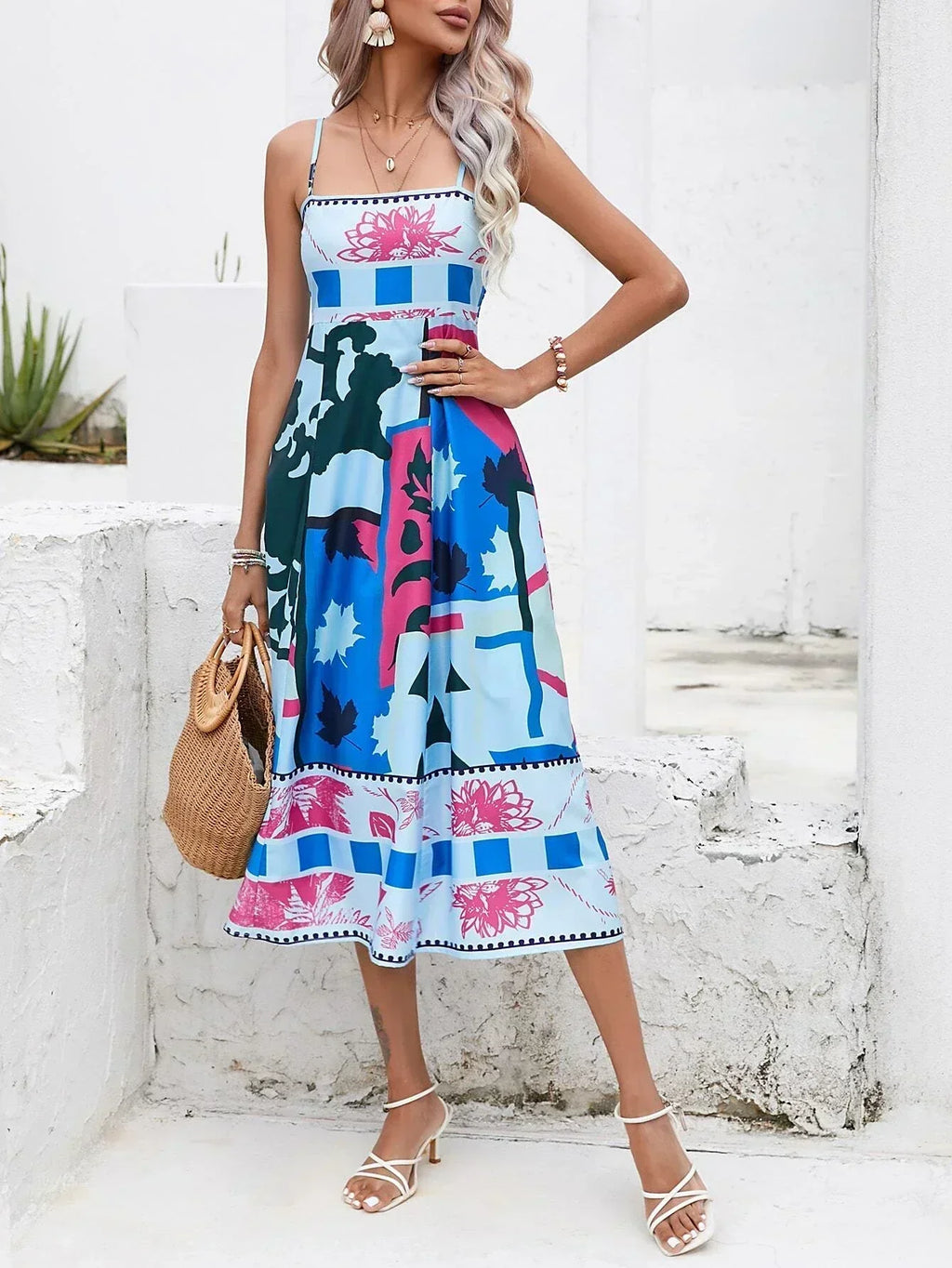 Square Neck Spaghetti Strap Abstract Tropical Print Midi Dress