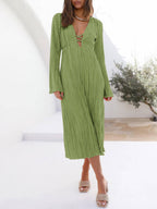 Lace-Up Plunging V-Neck Pleated Long Sleeve Empire Midi Dress