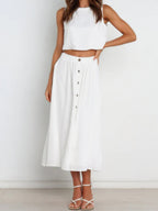 Solid Color Tank Tops Button-down Skirt Set 2-piece Sets