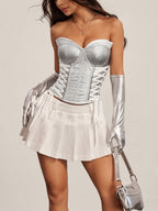 PU Leather Patchwork Lace Straps Strapless Vest