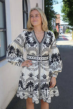 Ornamental Paisley Print Puff Sleeve V-Neck Belted Button-Front Mini Dress