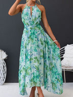 Printed Halter V-neck Sleeveless Maxi Dresses