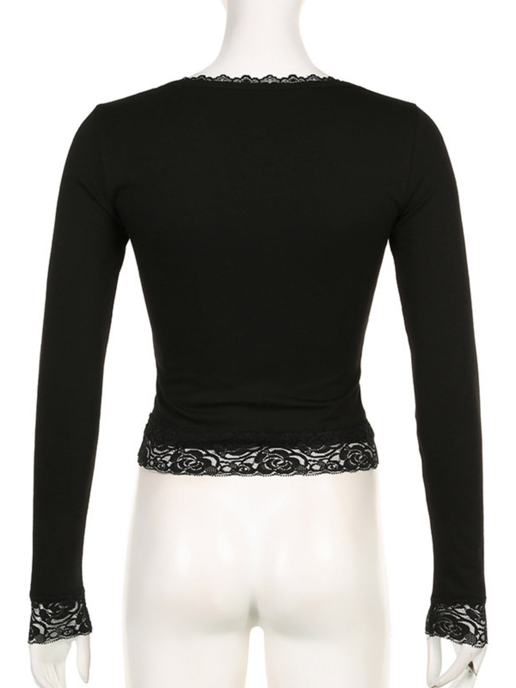 Lace Trim U-neck Long Sleeve Slimming Crop Top