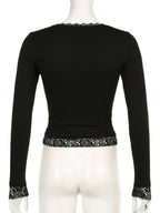 Lace Trim U-neck Long Sleeve Slimming Crop Top