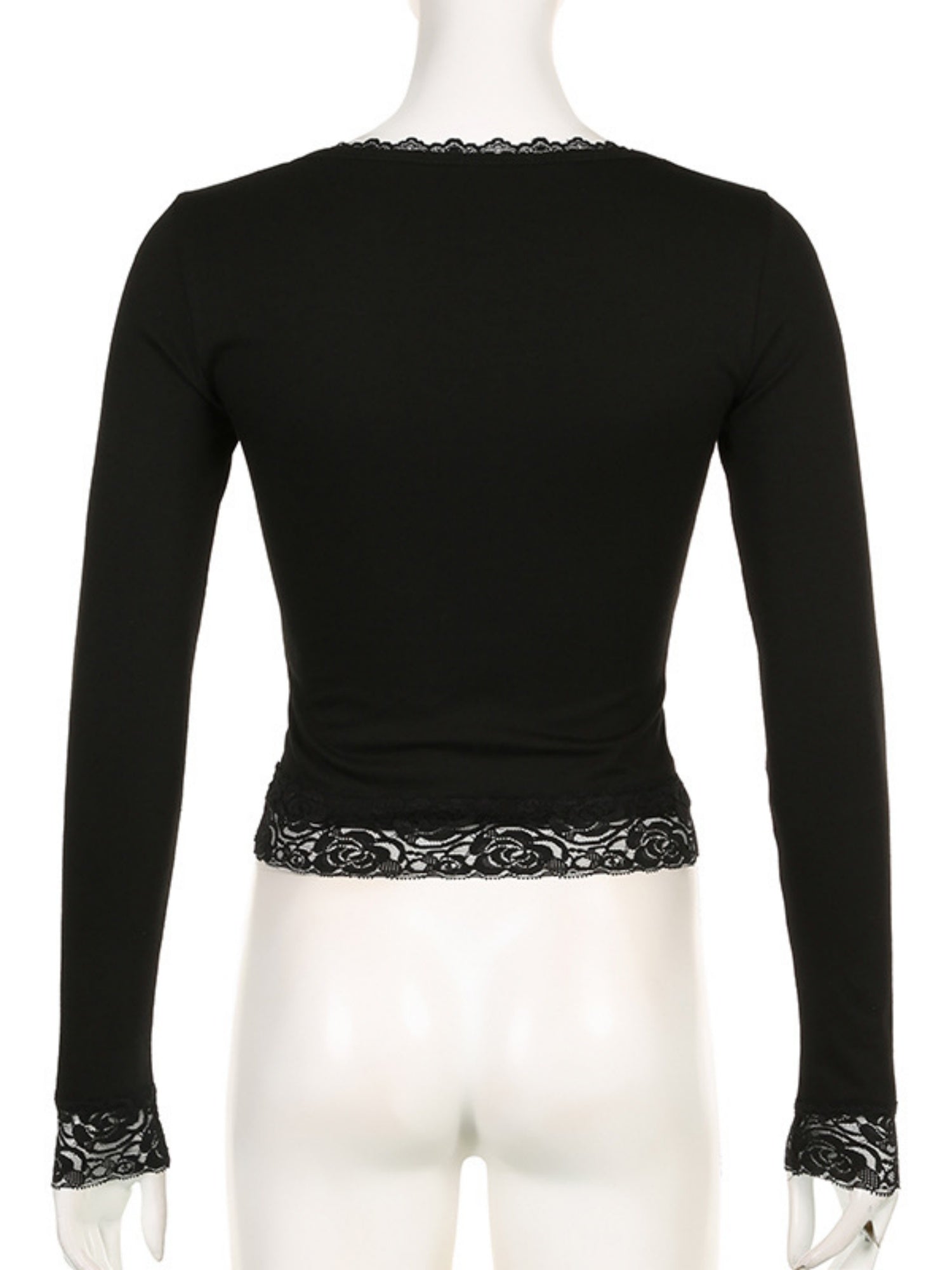 Lace Trim U-neck Long Sleeve Slimming Crop Top