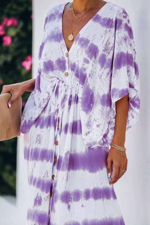 Tie Dye Print Kimono Sleeve Button Front Drawstring Waist Maxi Dress