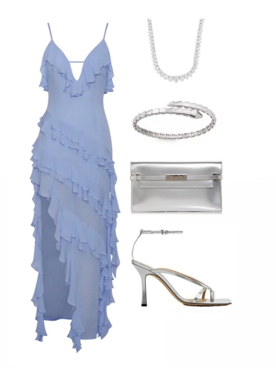 Multi-layer Ruffles Irregular Slit V-neck Vacation Maxi Dresses