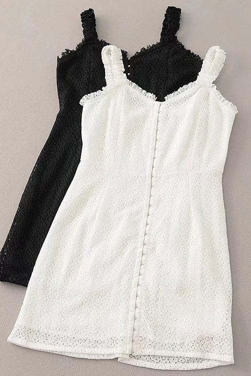 Lace Floral Eyelet Sweetheart Neck Button Front Fit and Flare Mini Dress