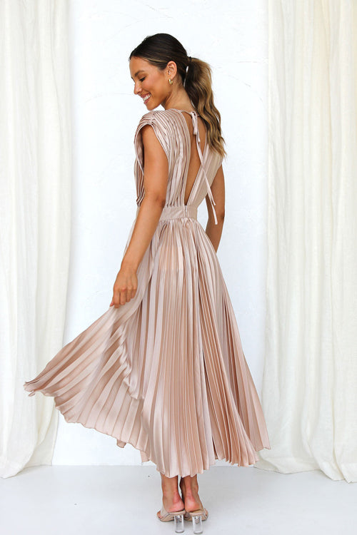 Pleated Satin Deep V-Neck Cap Sleeve Cinched Waist A-Line Midi Dress