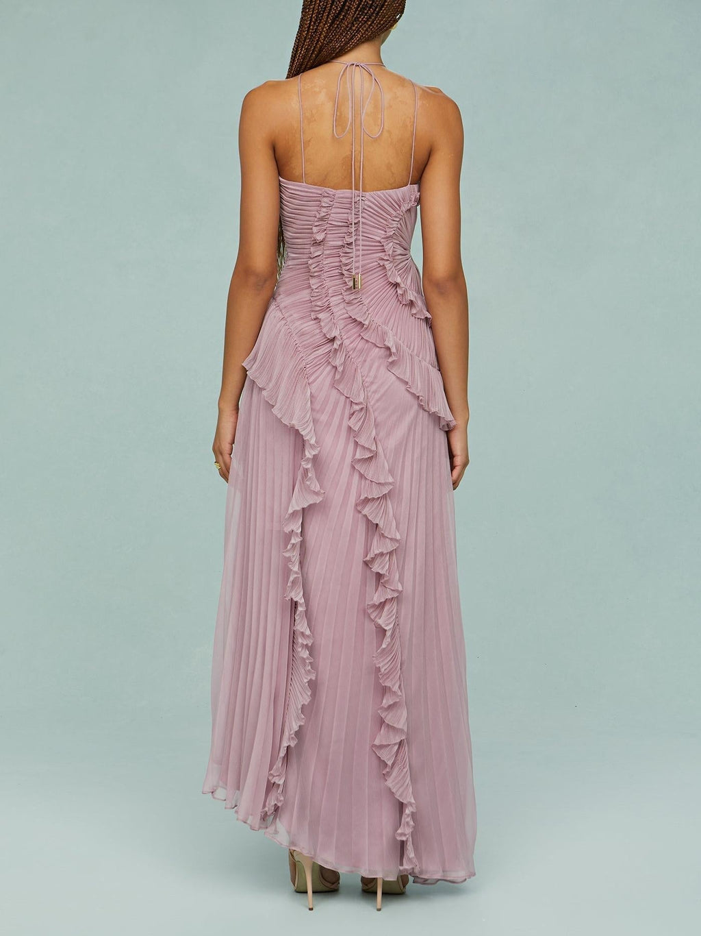 Halter Sunray Pleat Cascading Ruffle Tier High-Low Hem Gown