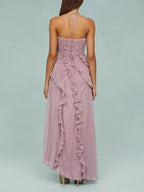 Halter Sunray Pleat Cascading Ruffle Tier High-Low Hem Gown