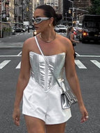 Imitation PU Metallic Luster Sleeveless Straps Strapless Vest