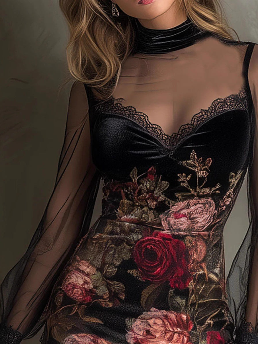 Lace Trim Floral Mesh Splicing Hip-hugging Mini&Short Dresses