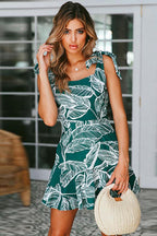 Tropical Leaf Print Square Neck Tie Shoulder Ruffle Hem Mini Dress