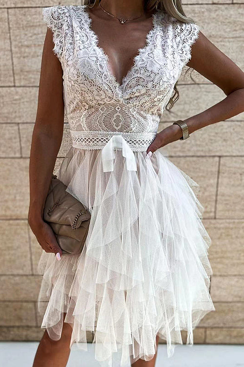 Lace Deep V-Neck Cap Sleeve Tiered Tulle Handkerchief Hem Mini Dress
