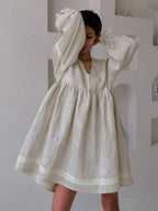 Cotton Blend Temperament V-neck Long Sleeve Loose-fit Home Vacation Mini&Short Dresses