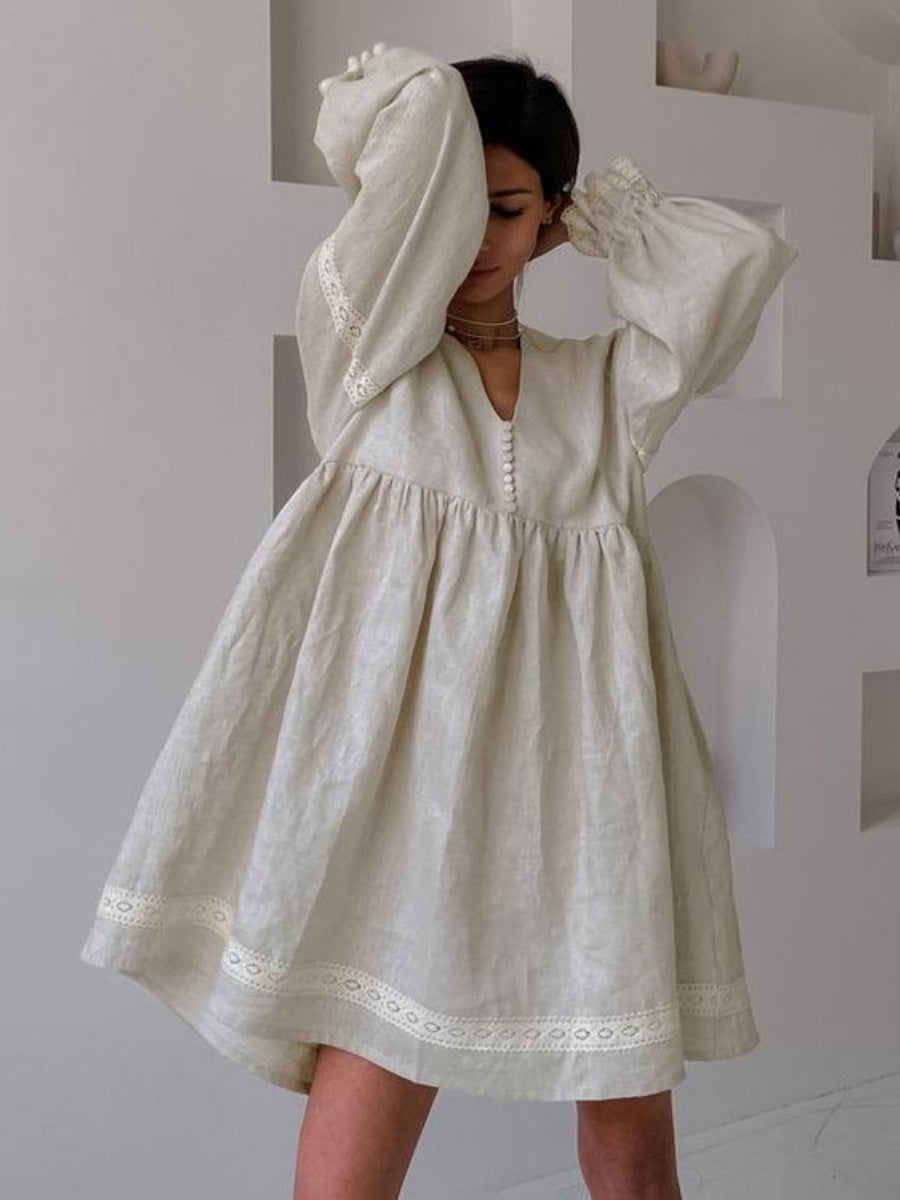 Cotton Blend Temperament V-neck Long Sleeve Loose-fit Home Vacation Mini&Short Dresses