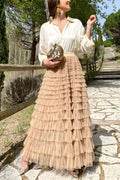 Ruffle Layered Pleated Tulle Maxi Skirt