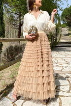 Ruffle Layered Pleated Tulle Maxi Skirt