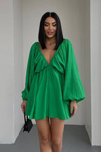 Crinkle Texture Deep V-Neck Puff Sleeve Babydoll Mini Dress