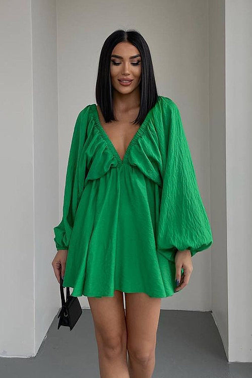 Crinkle Texture Deep V-Neck Puff Sleeve Babydoll Mini Dress