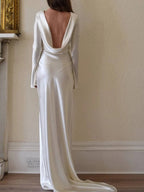 Liber Autumn Women's Backless Solid Color Long sleeve Satin Maxi Dresses