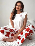 Heart-print Ruffled Sleeve Trousers Set That Can Be Worn As Loungewear