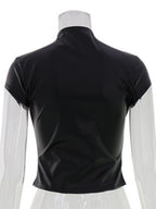 PU Leather Buttons Tight Turtleneck Short-sleeved Top