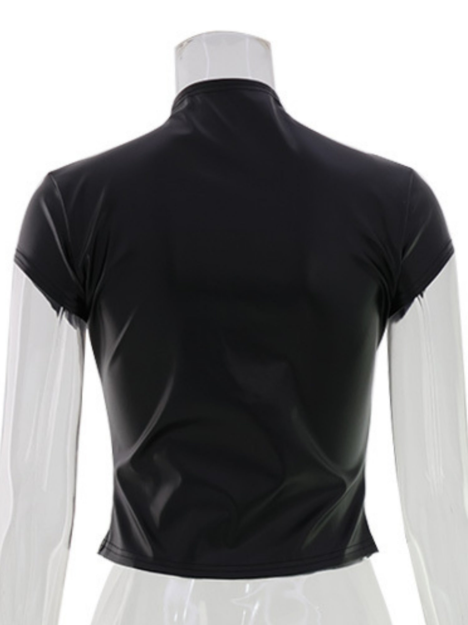 PU Leather Buttons Tight Turtleneck Short-sleeved Top