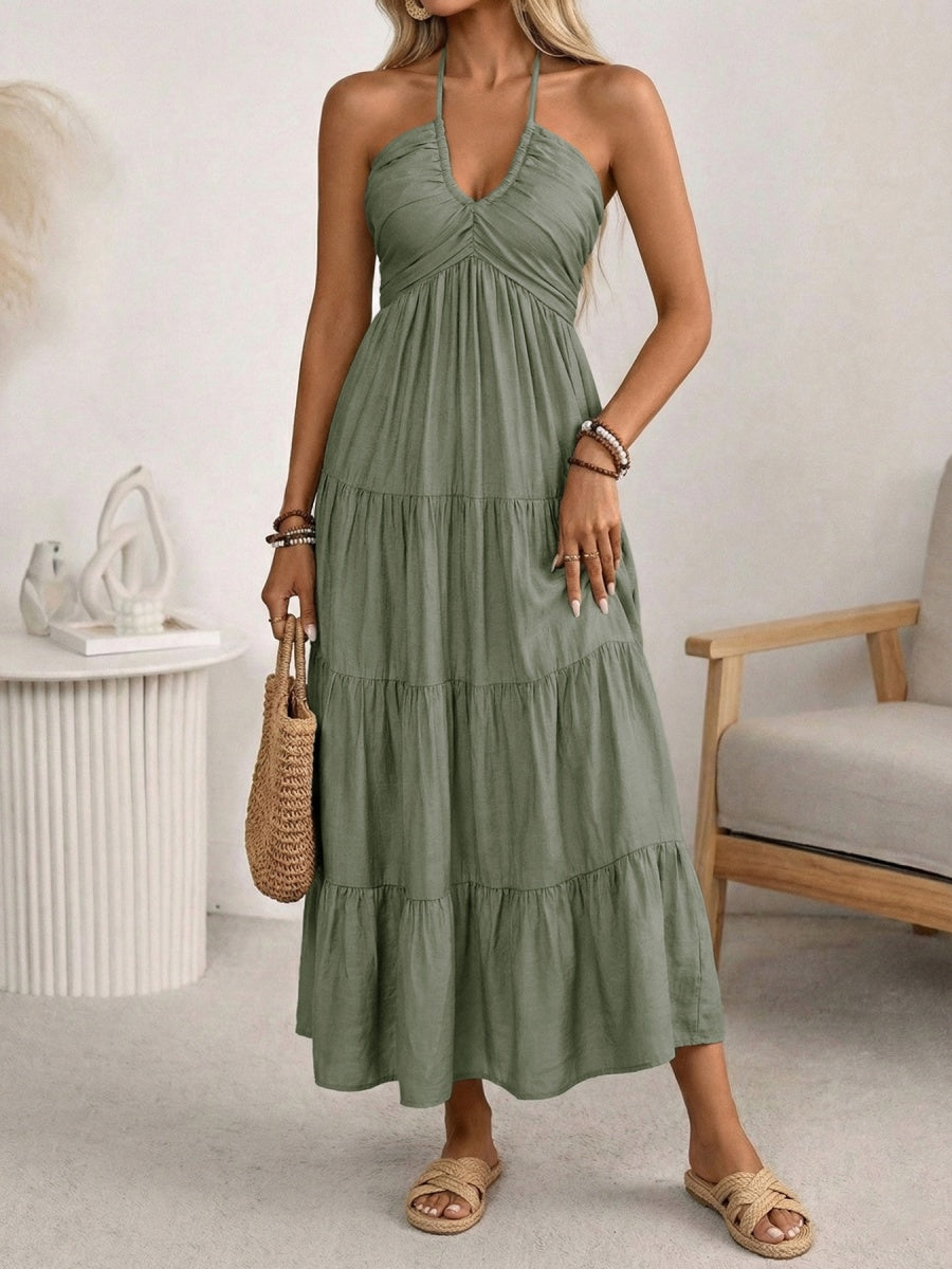 Halter V-neck Drawstring Loose-fit Vacation Maxi Dresses