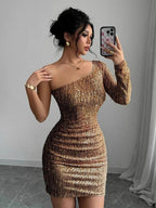 Sloping Shoulders Sequins Long Sleeves Hip Wrap Mini&Short Dresses