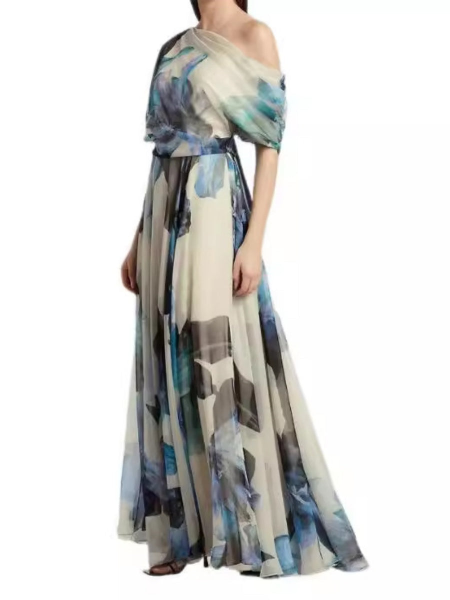 Pleated Printed Off Shoulder Vacation Maxi Dresses