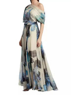 Pleated Printed Off Shoulder Vacation Maxi Dresses