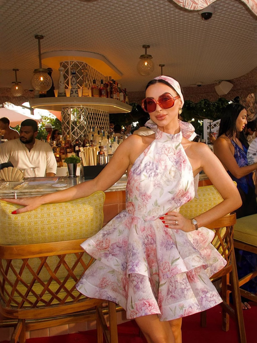 Halter-neck, Backless, Floral Print Short Dress
