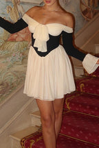 Off Shoulder Bow Front Corset Panel Ruffle Cuff Mini Dress