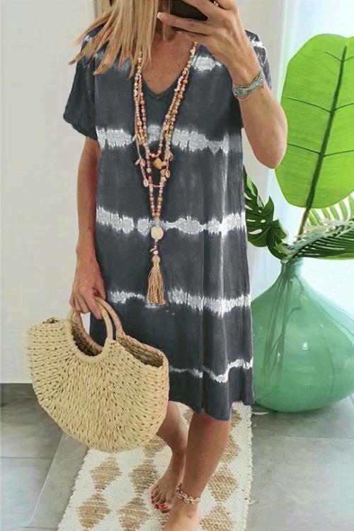 V Neck Short Sleeve Tie Dye Stripes T-shirt Dress