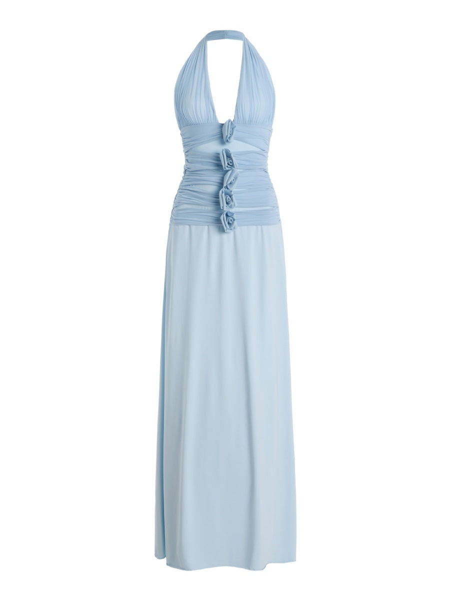 Halter Slit Deep V Big Backless 3D Flowers Blue Maxi Dresses