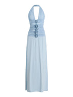 Halter Slit Deep V Big Backless 3D Flowers Blue Maxi Dresses