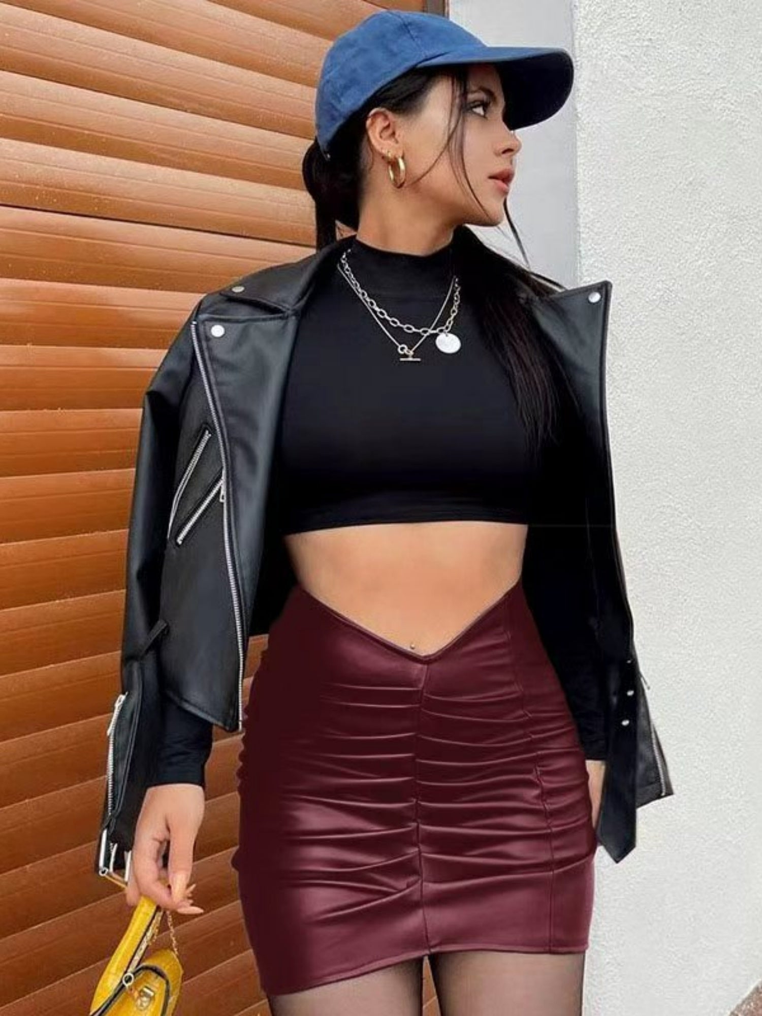 PU Leather Pleated Hip Wrap Skirts