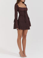 Lace Tiered Ruffle Square Neck Bell Sleeve Bodycon Mini Dress