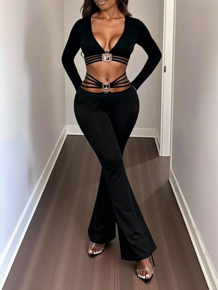 String Decoration Rhinestones Buttock Lift Bell-bottoms Stretch Pants