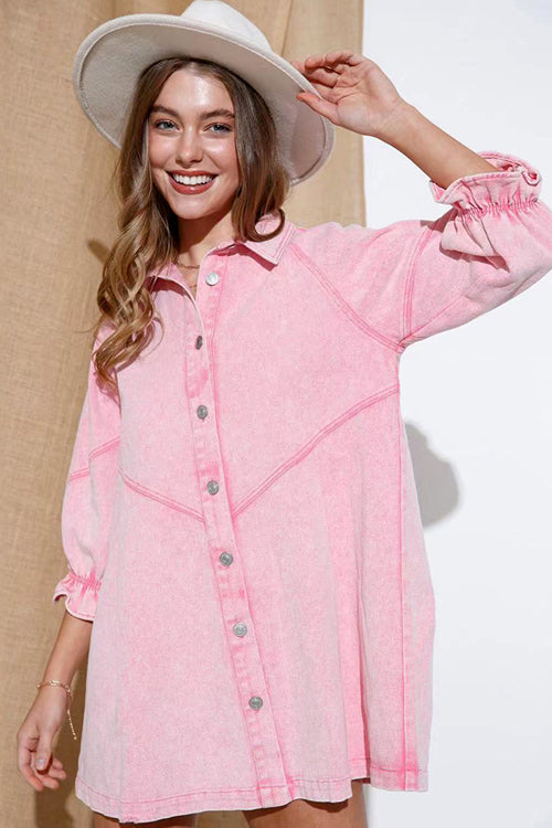 Denim Button Front Chevron Yoke Ruffle Cuff Shirt Mini Dress