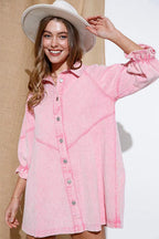 Denim Button Front Chevron Yoke Ruffle Cuff Shirt Mini Dress