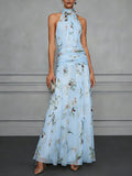 Halter Printed Temperament Waist Parties Maxi Dresses