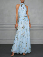 Halter Printed Temperament Waist Parties Maxi Dresses