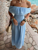 Blue Resort-style Strapless Off-shoulder Long Dress