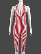 Striped Color Blocking Deep V-neck Backless Strappy Jumpsuits